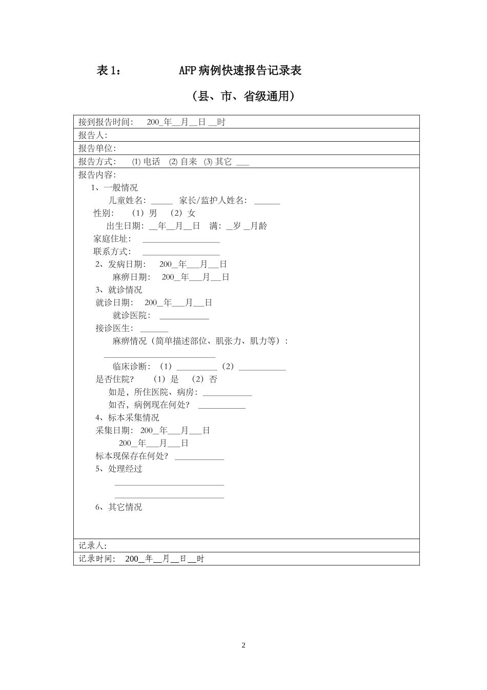 全国急性弛缓性麻痹(AFP)病例分类流程图及监测用表_第2页