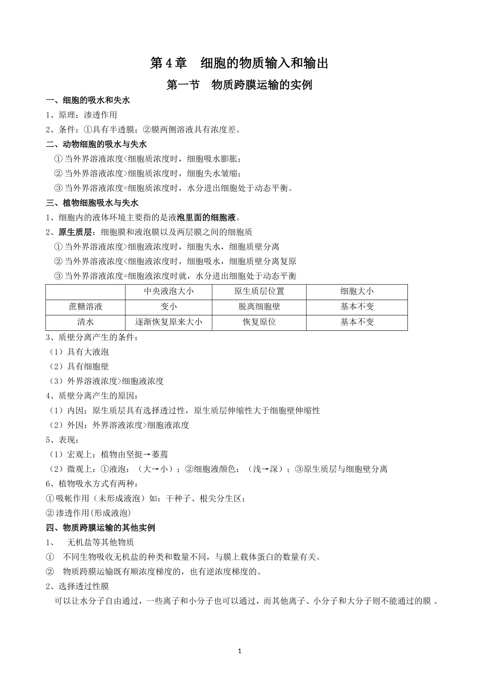 必修1第四章--细胞的物质输入和输出(知识点)_第1页