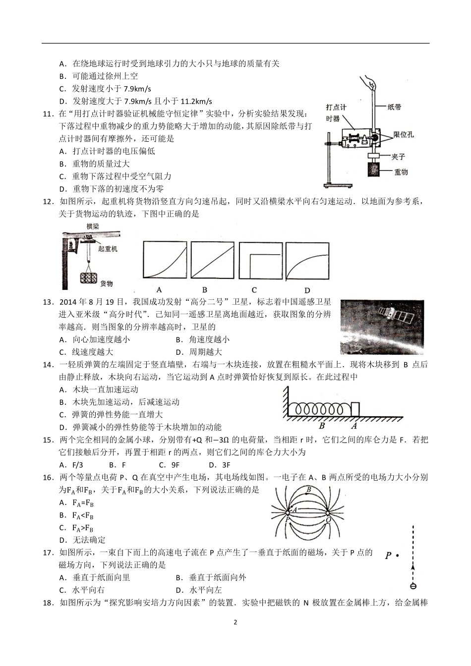 2015 徐州学业水平测试模拟 物理_第2页