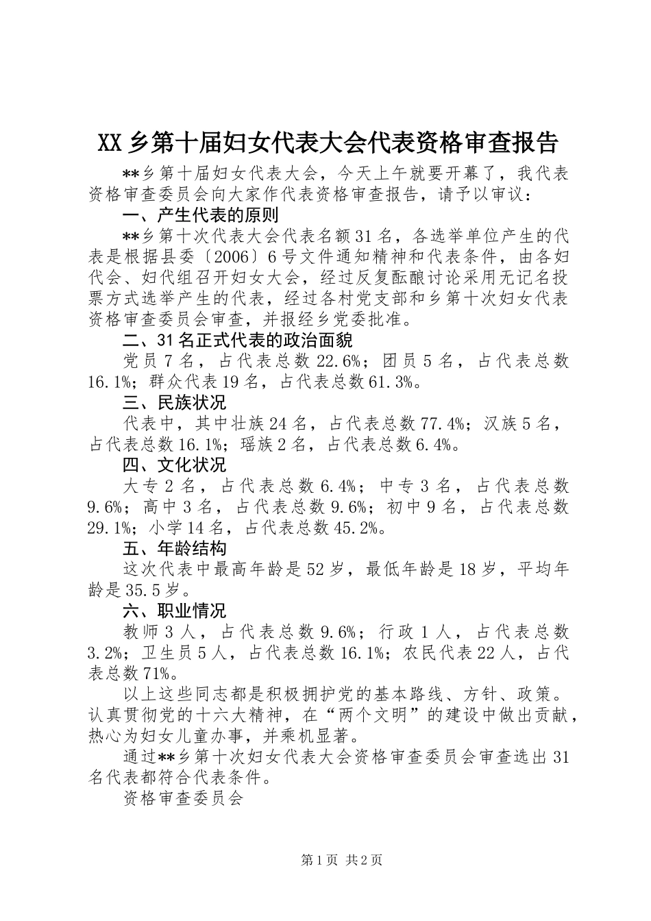 XX乡第十届妇女代表大会代表资格审查报告_第1页