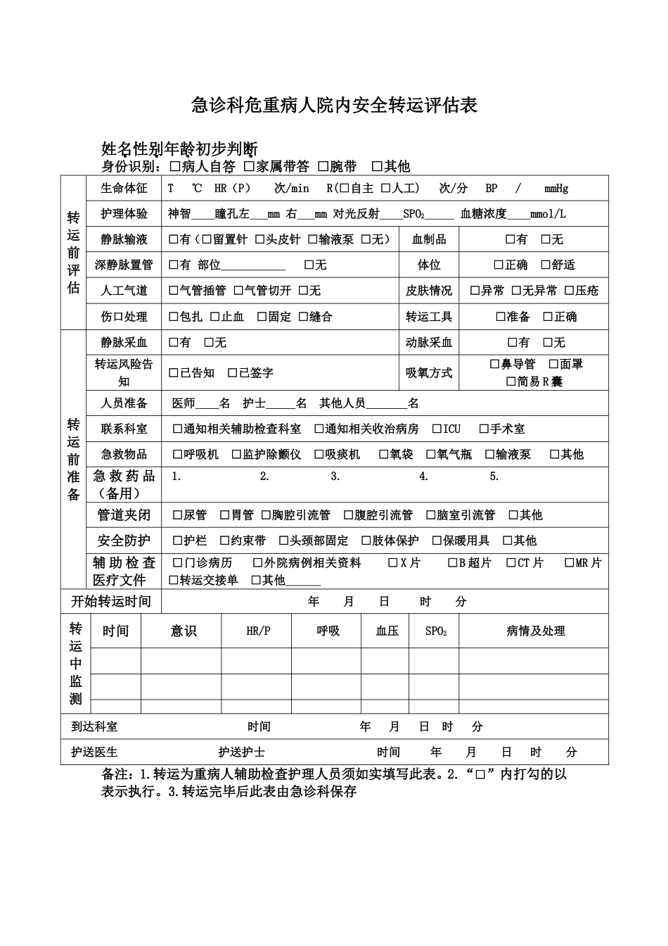 急诊科危重病人院内安全转运评估表_第1页