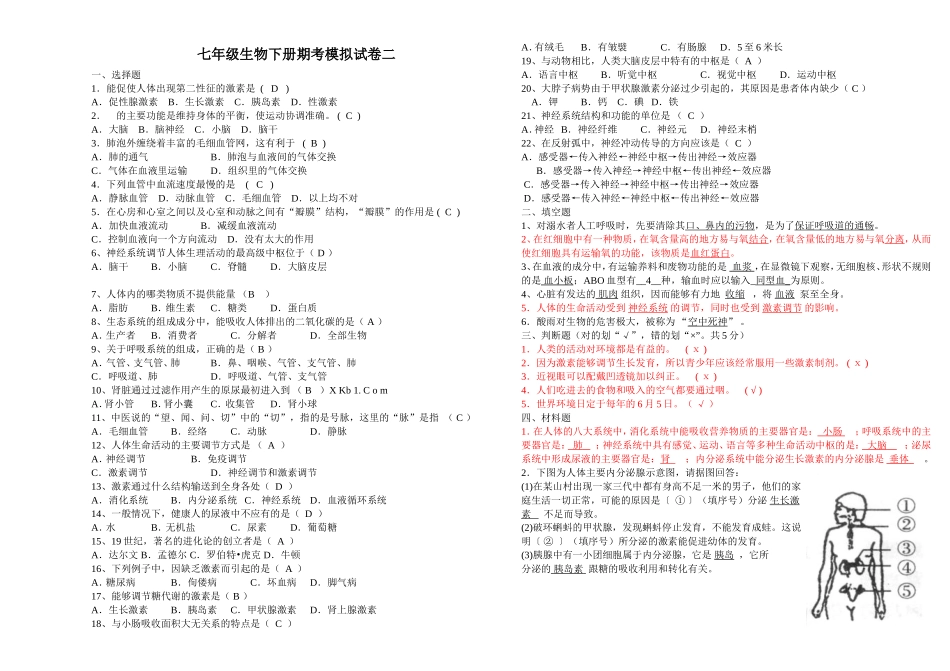 七年级生物下册期考模拟试卷二_第1页