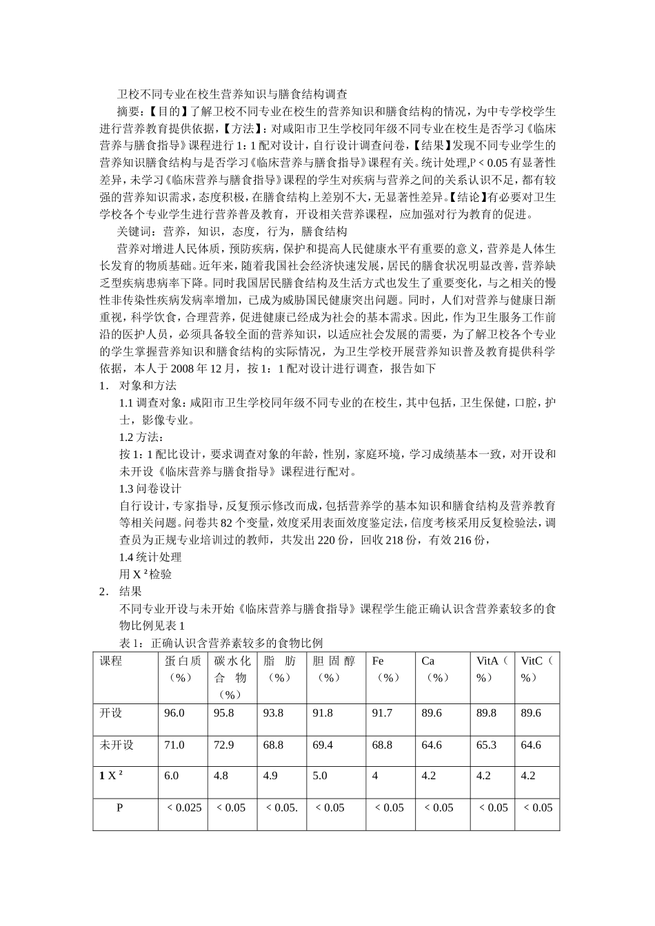 卫校不同专业在校生营养知识与膳食结构调查_第1页