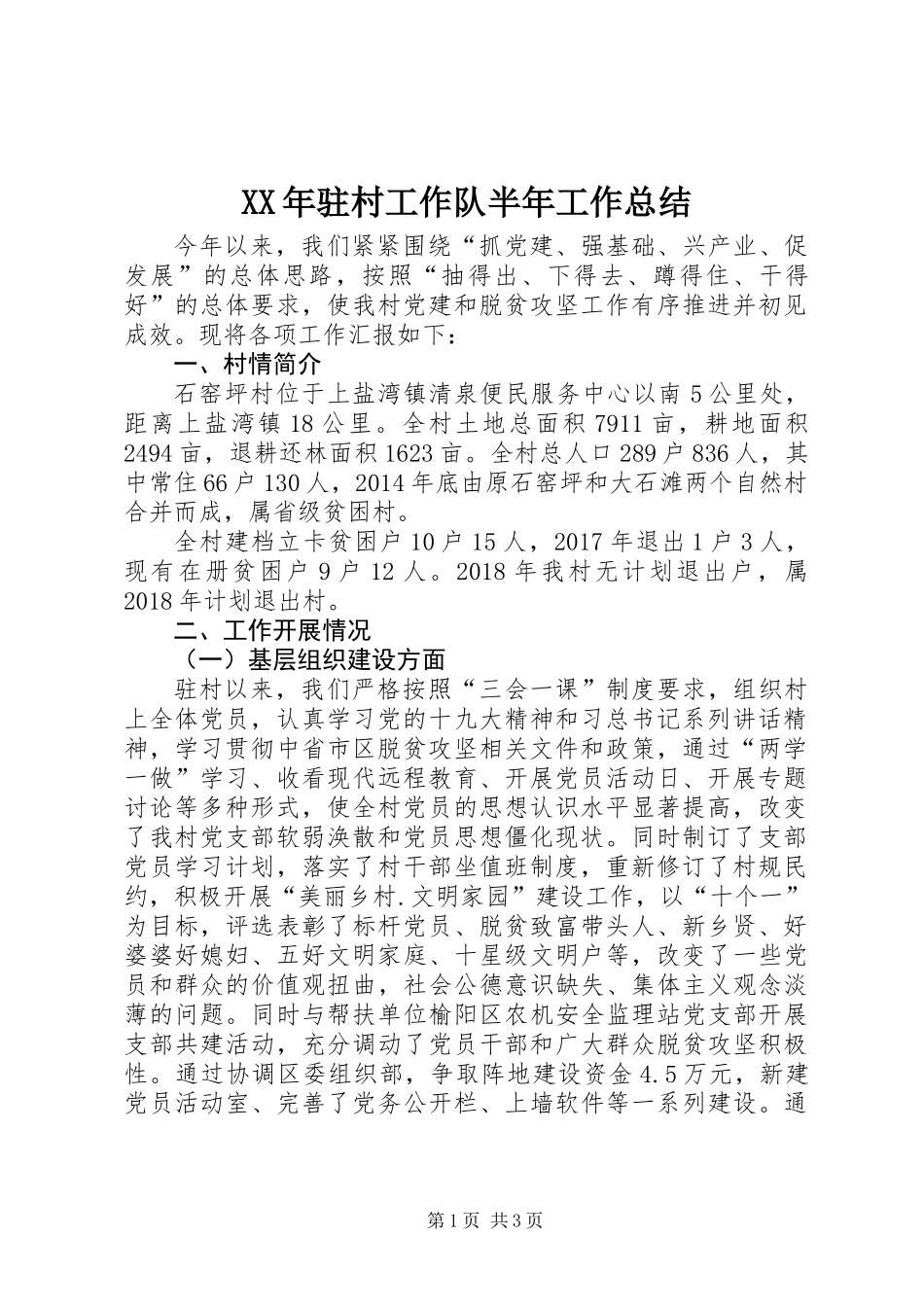 XX年驻村工作队半年工作总结_第1页