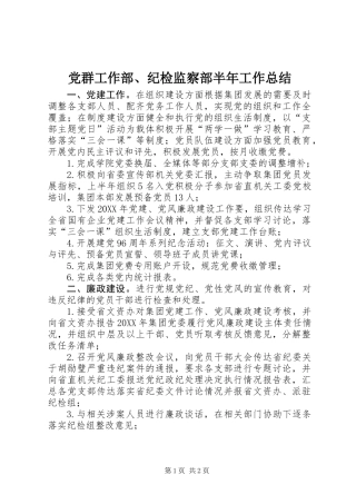 党群工作部、纪检监察部半年工作总结