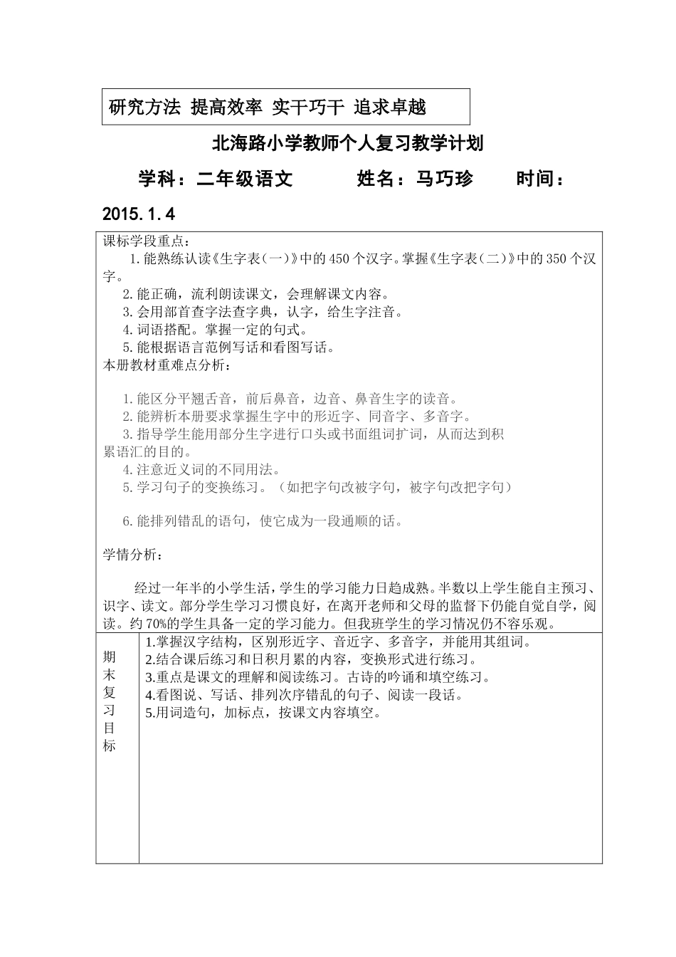 北海路小学期末复习计划样表马巧珍_第1页