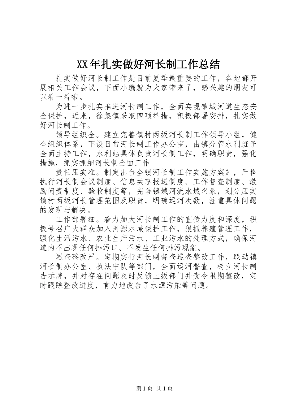XX年扎实做好河长制工作总结_第1页