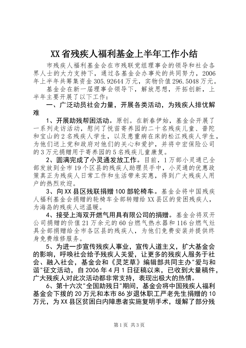 XX省残疾人福利基金上半年工作小结_第1页