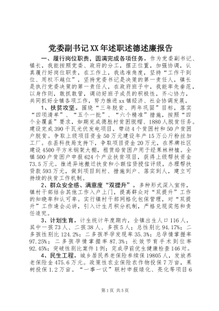 党委副书记XX年述职述德述廉报告