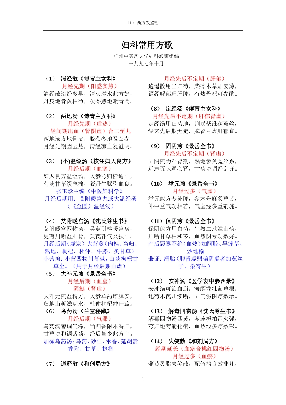妇科常用方歌(珍藏版)_第1页