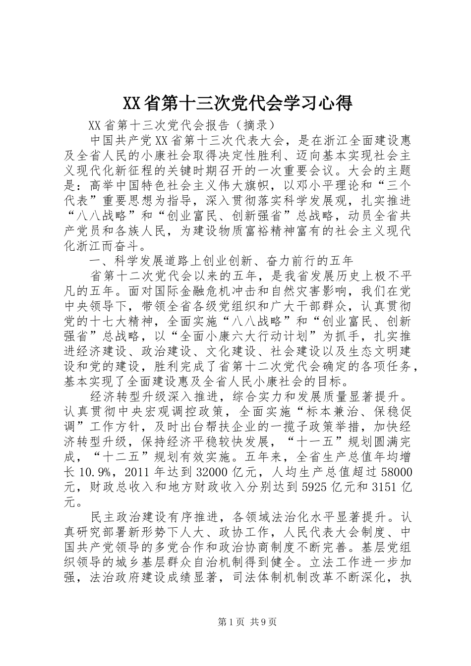 XX省第十三次党代会学习心得 _第1页