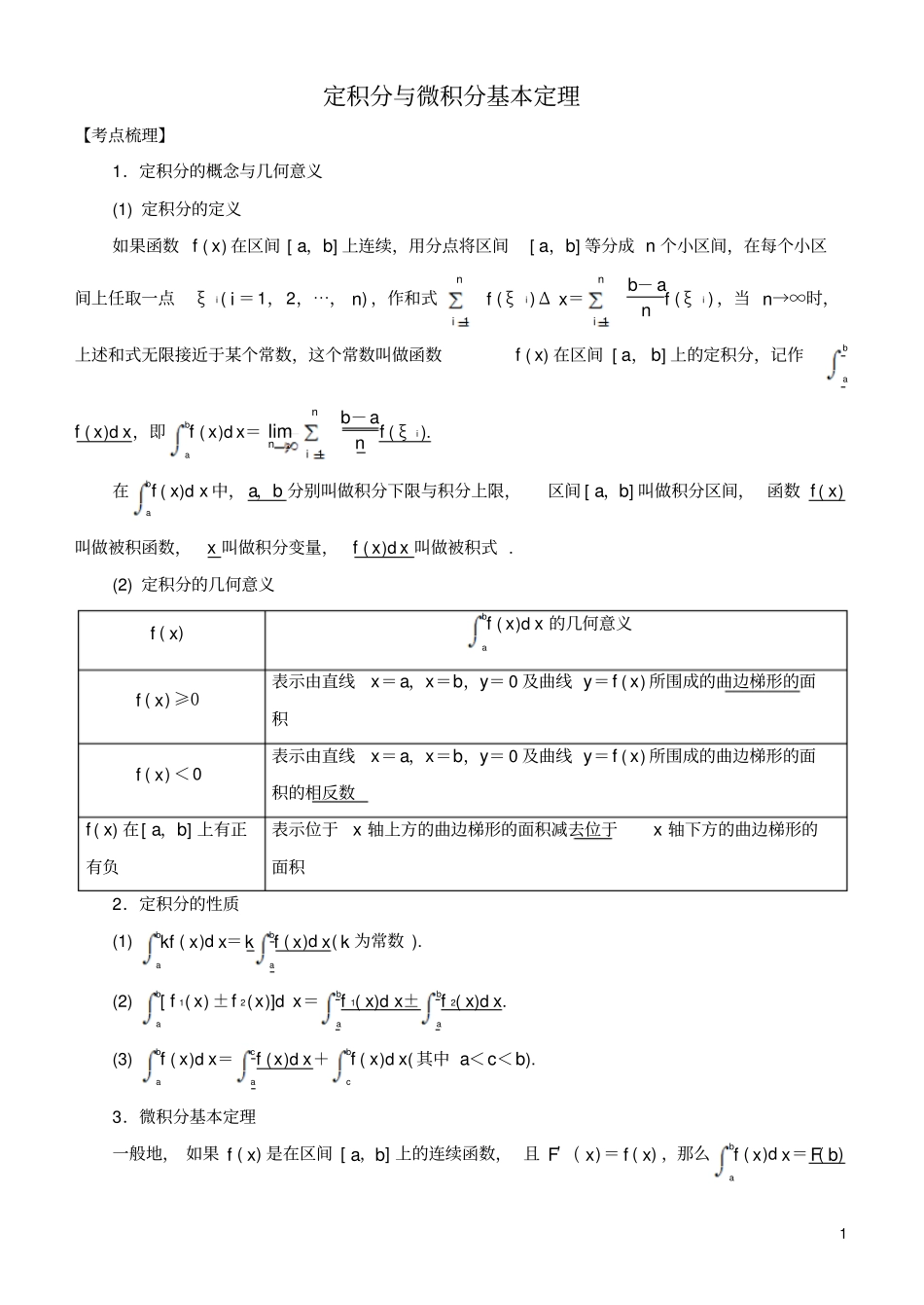 2019高考数学考点突破——导数及其应用与定积分：定积分与微积分基本定理学案_第1页