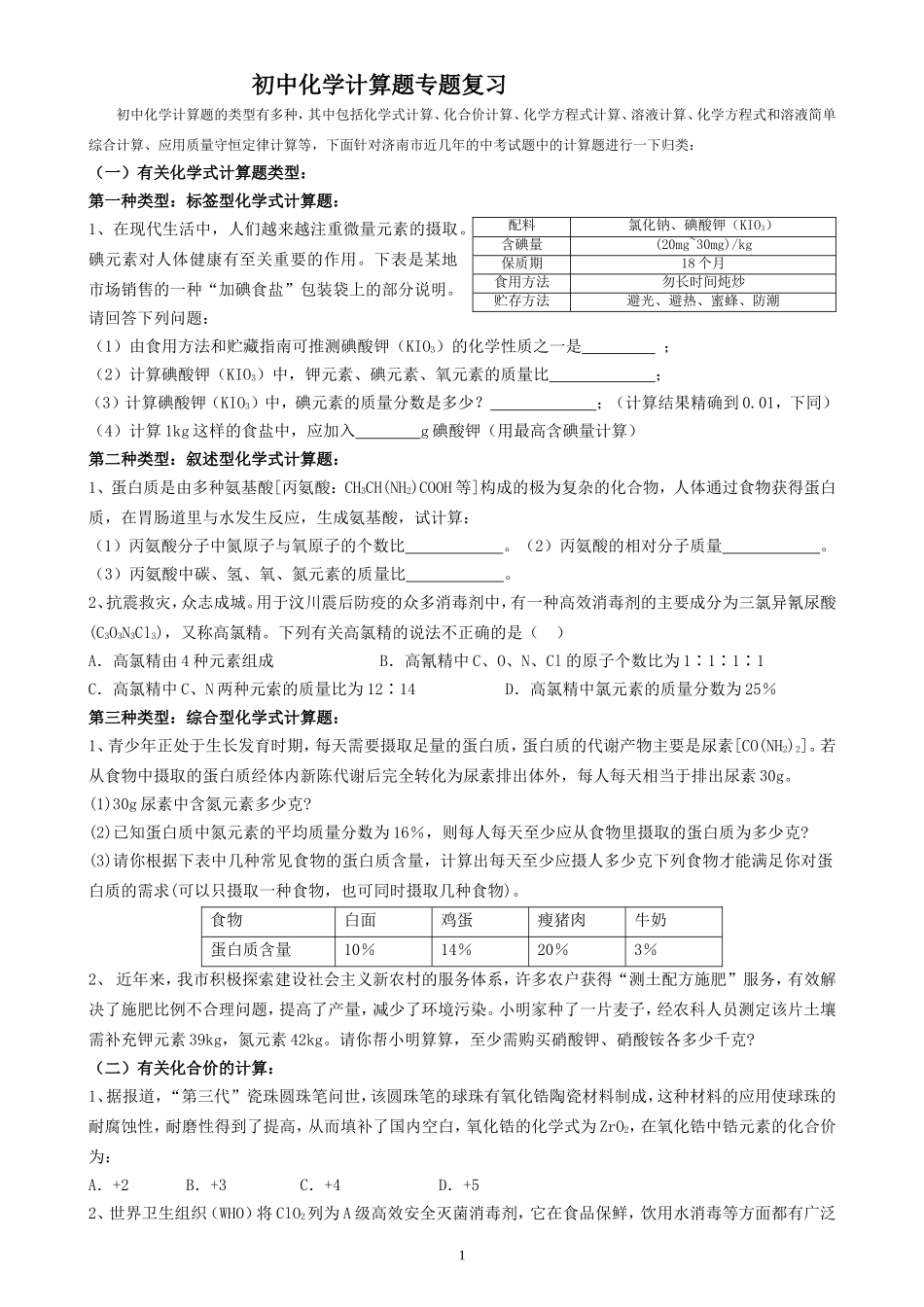 初中化学计算题专题复习（转)_第1页