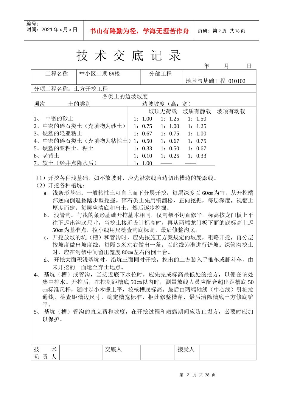 小区二期6#楼地基与基础工程土方开挖工程技术交底记录_第2页