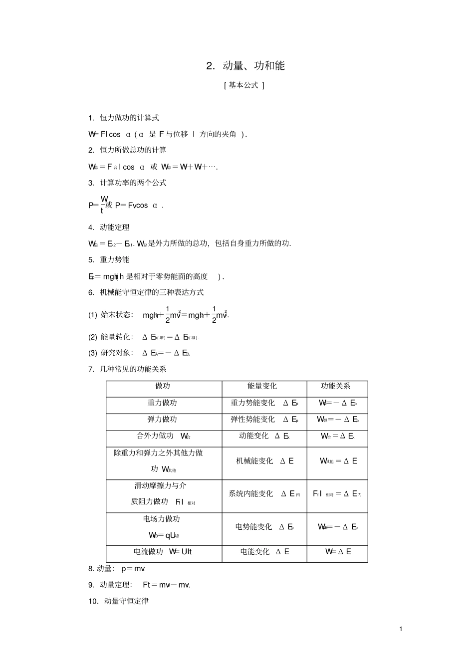 2019高考物理总复习提分策略一临考必记2动量、功和能学案_第1页