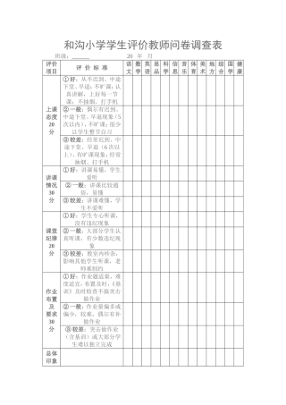 和沟小学学生评价教师问卷调查表