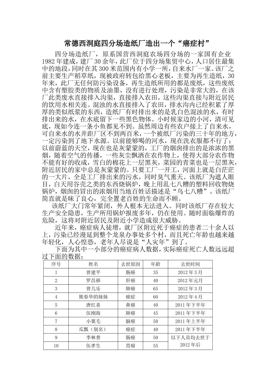 常德西洞庭四分场造纸厂造出一个“癌症村”_第1页