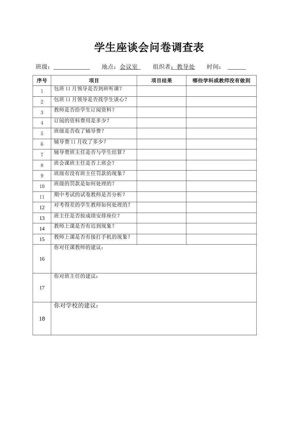 古沟民族中学学生座谈会问卷调查表_第1页