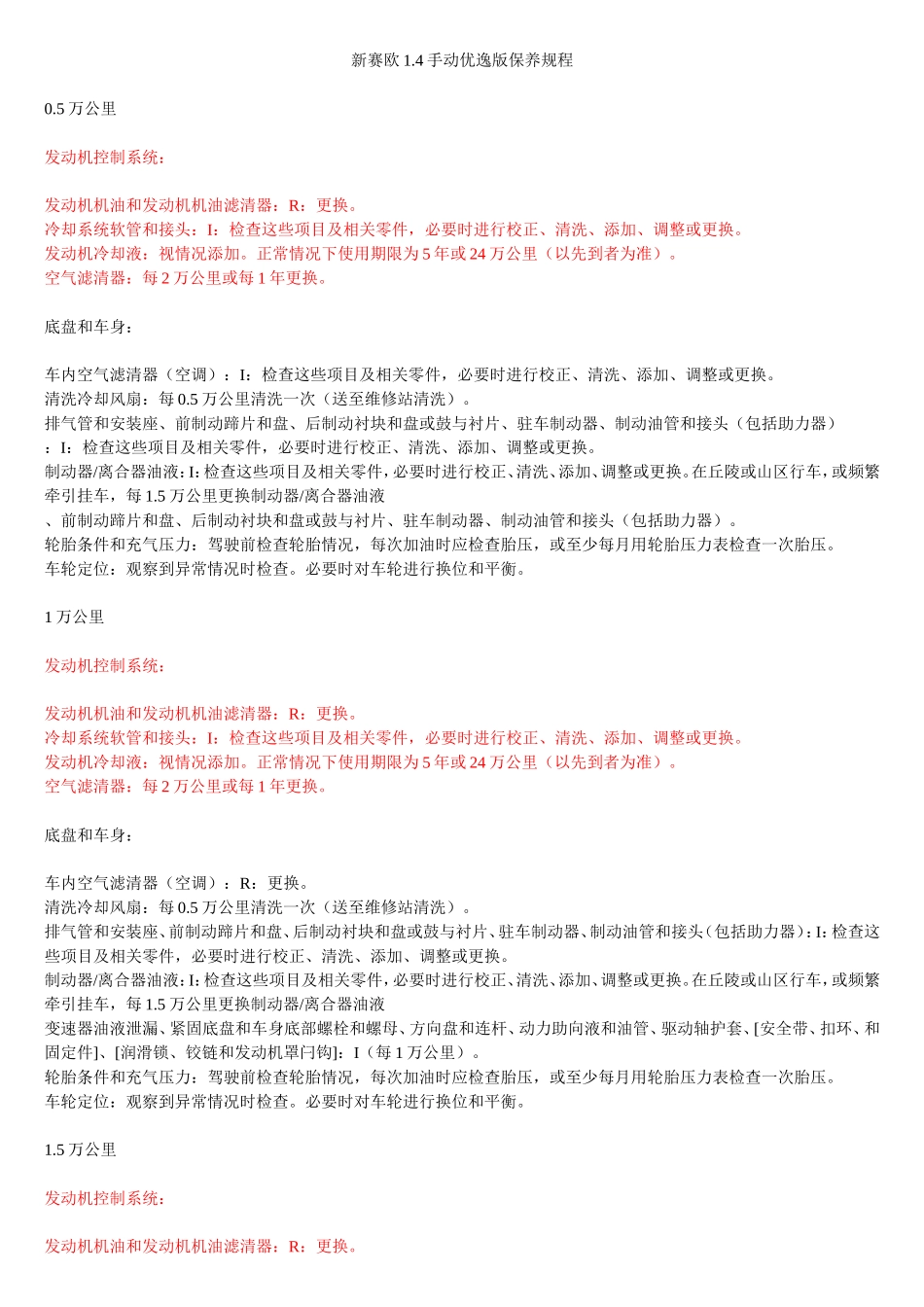 【吐血整理】：新赛欧1.4手动优逸版【按里程】保养规程!_第1页