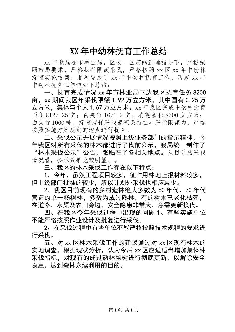 XX年中幼林抚育工作总结_第1页