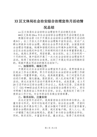 XX区文体局社会治安综合治理宣传月活动情况总结