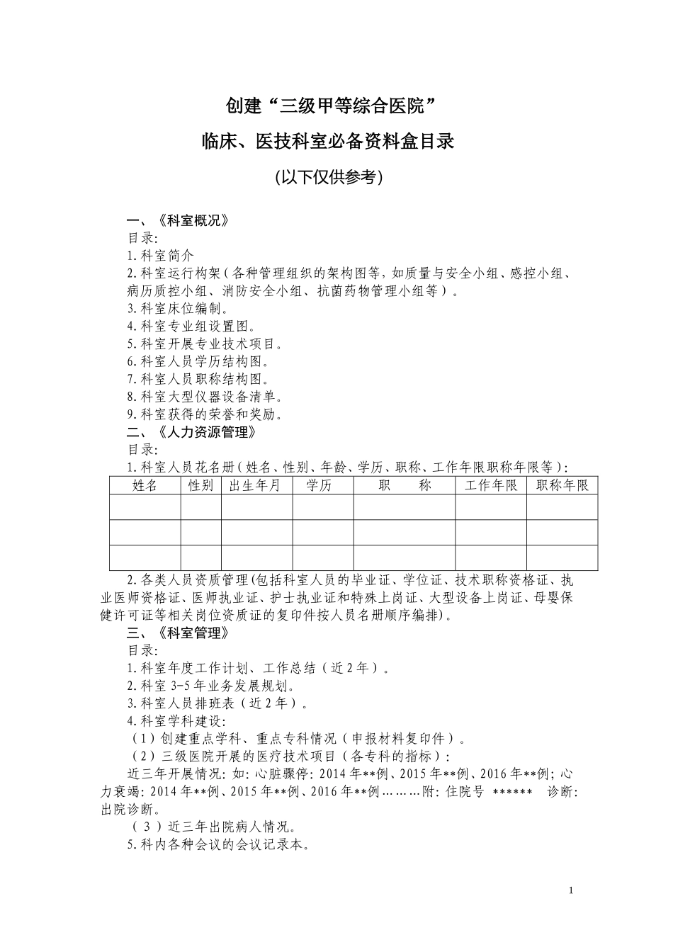 三甲医院评审科室二十四个档案目录(发科室)_第1页