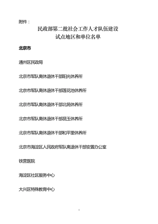 民政部第二批社会工作人才队伍建设试点地区和单位名单 