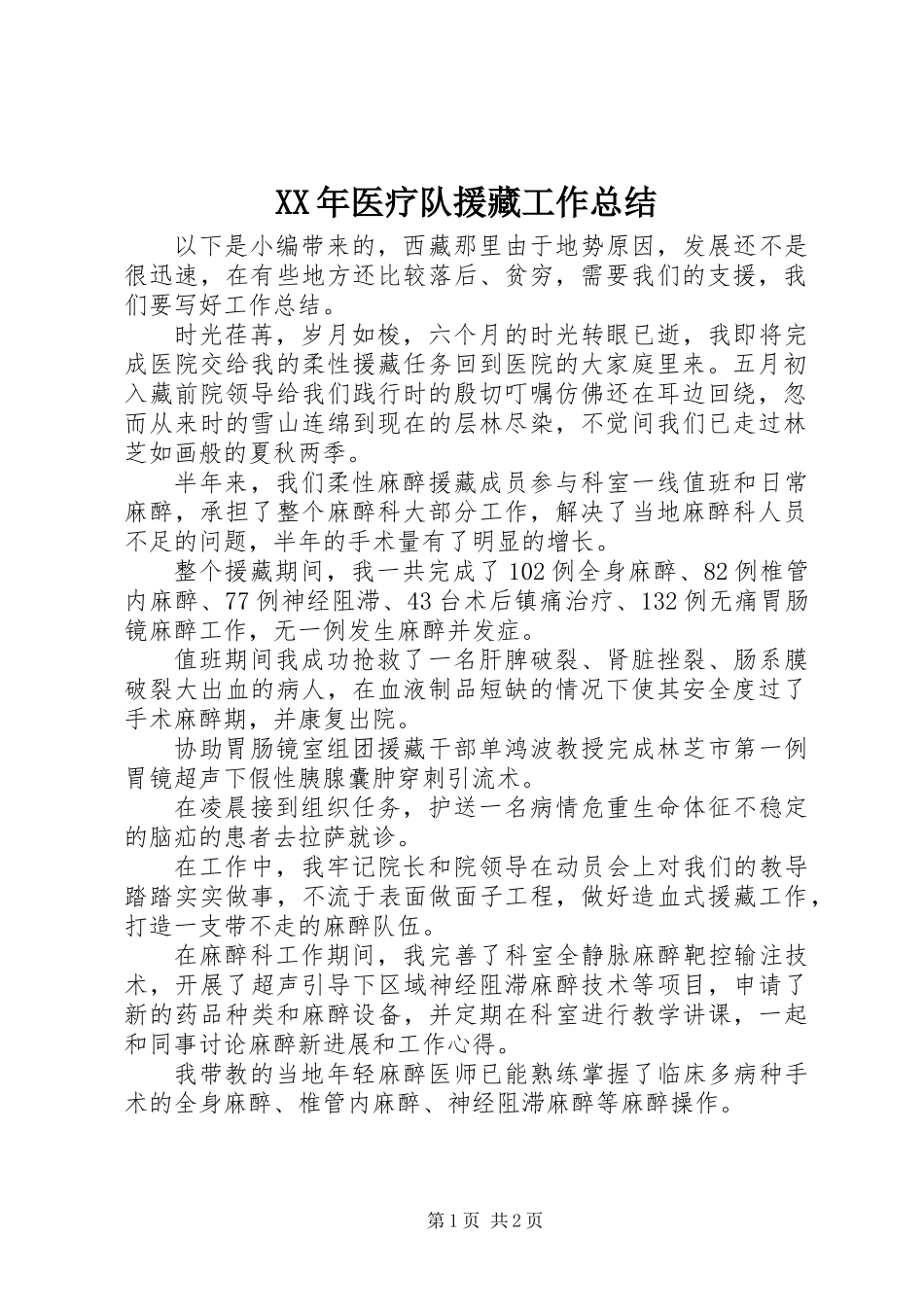 XX年医疗队援藏工作总结_第1页