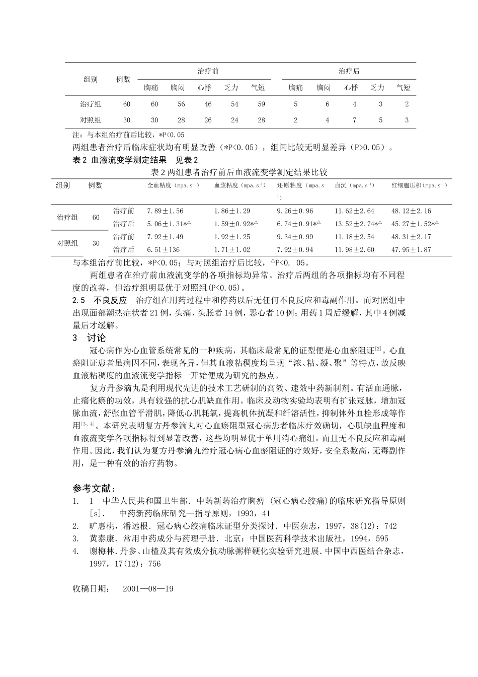 复方丹参滴丸对冠心痛心血瘀阻证血液流变学的影响_第2页