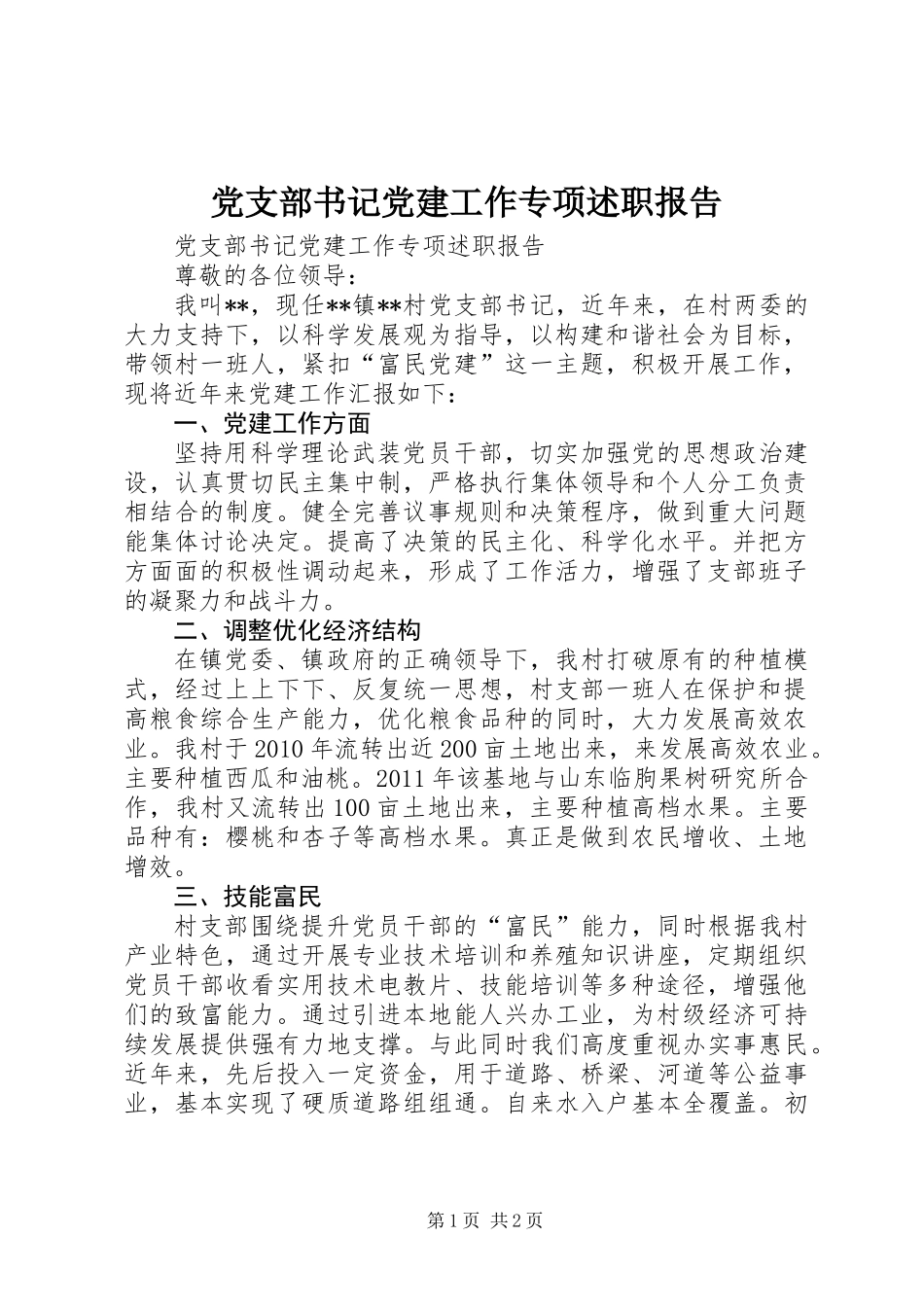 党支部书记党建工作专项述职报告_第1页