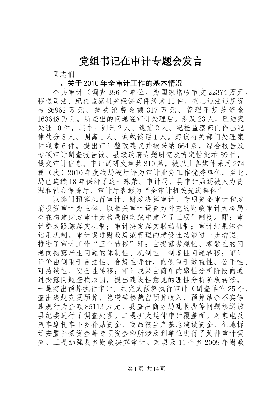党组书记在审计专题会发言_第1页