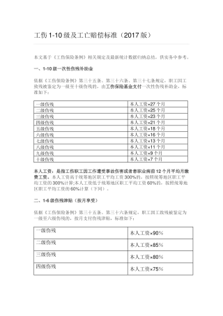 工伤1-10级及工亡赔偿标准(2017版)