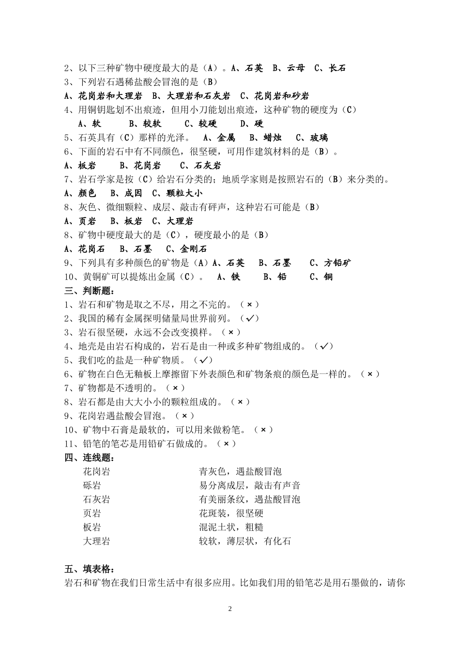 四年级科学岩石和矿物测试题_第2页