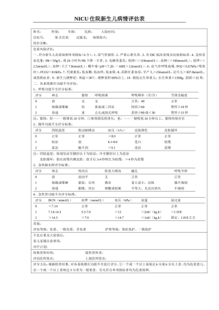 NICU住院新生儿病情评估表