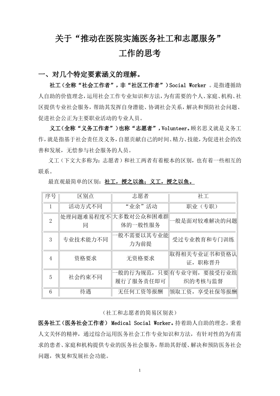 关于“推动在医院实施医务社工和志愿服务”工作的思考_第1页