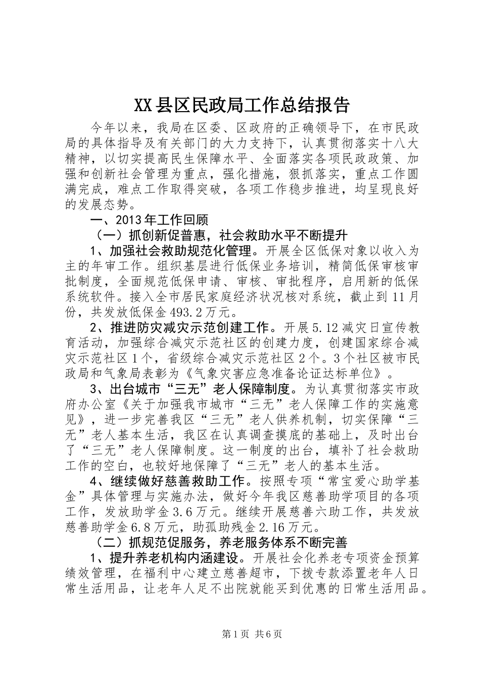 XX县区民政局工作总结报告_第1页
