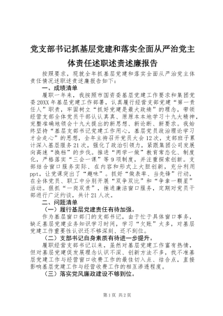 党支部书记抓基层党建和落实全面从严治党主体责任述职述责述廉报告