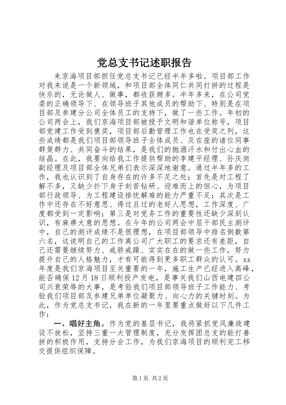 党总支书记述职报告 (2)_第1页