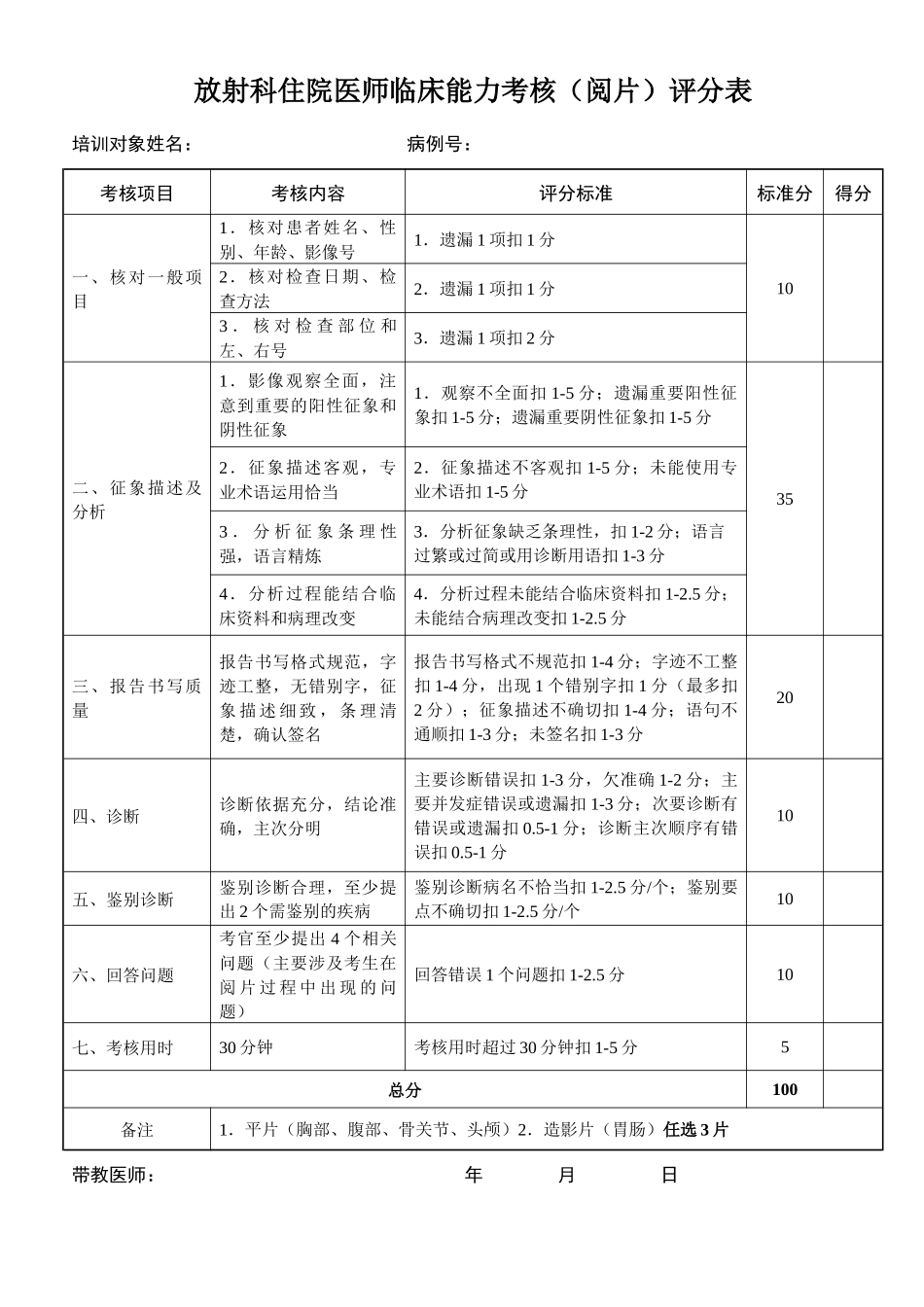 放射科住院医师阅片评分表_第1页