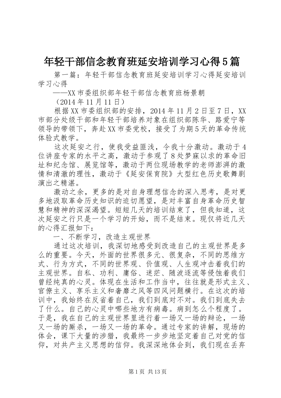 年轻干部信念教育班延安培训学习心得5篇_第1页
