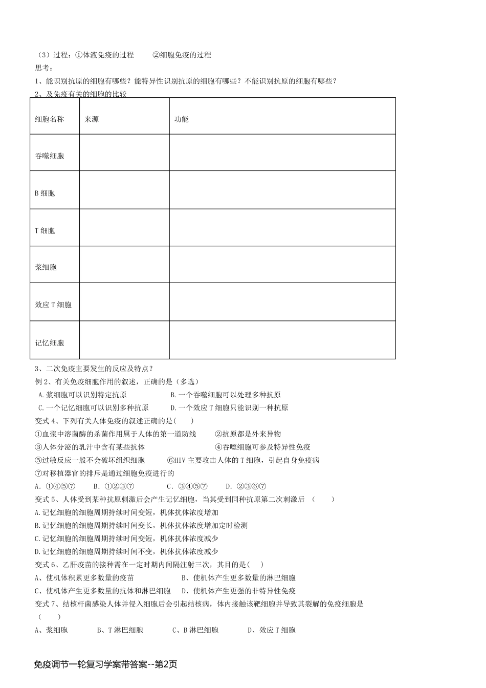 免疫调节一轮复习学案带答案_第2页