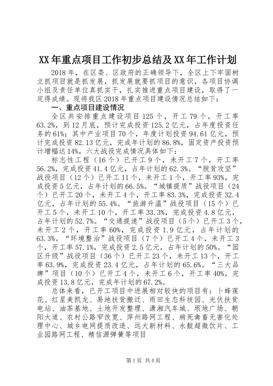 XX年重点项目工作初步总结及XX年工作计划_第1页