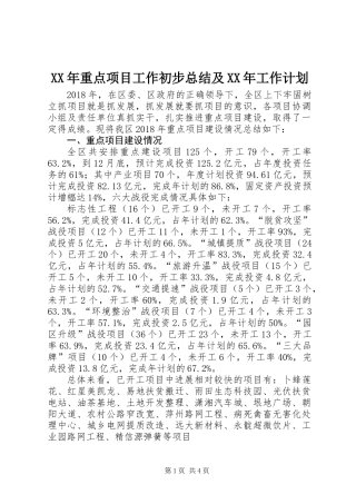 XX年重点项目工作初步总结及XX年工作计划