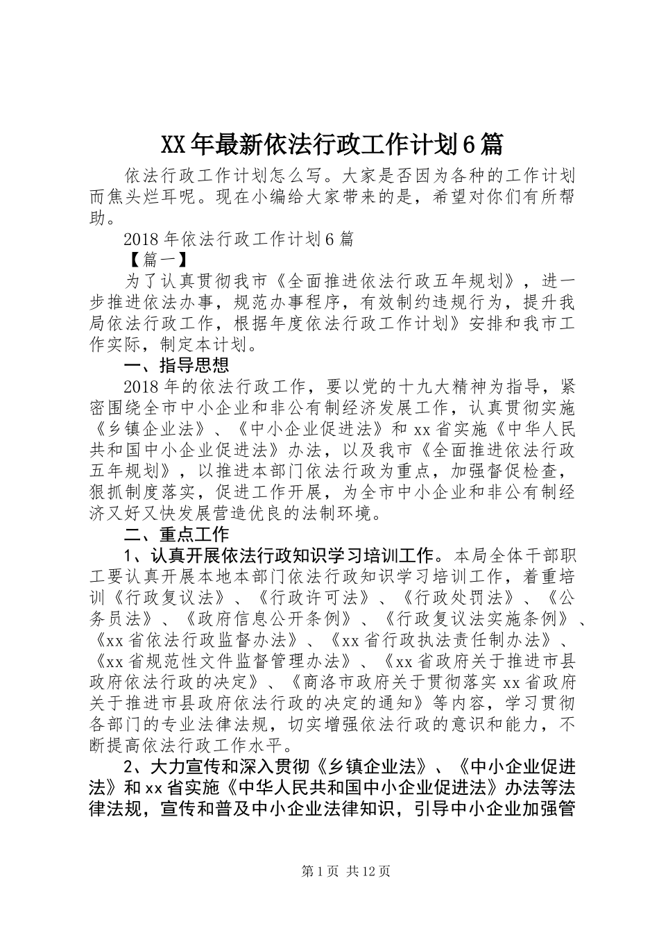 XX年最新依法行政工作计划6篇_第1页
