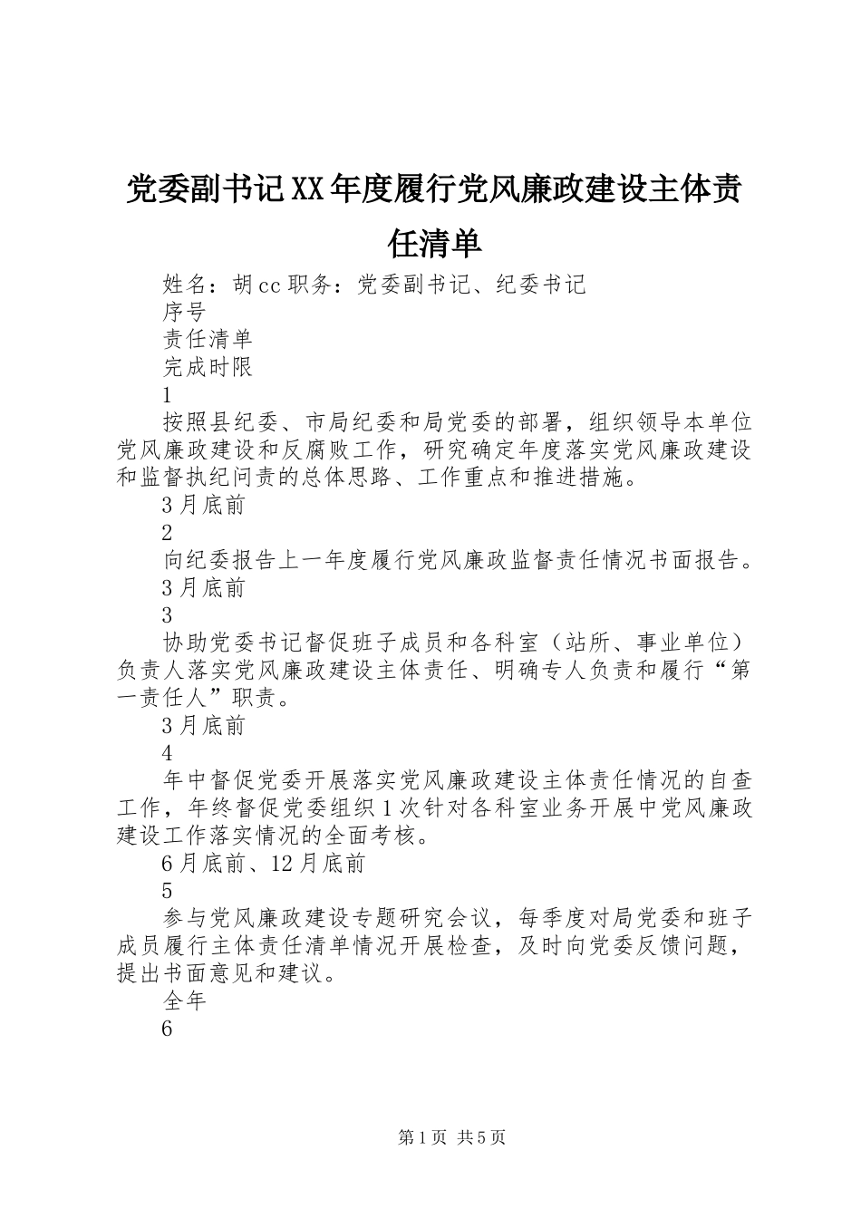 党委副书记XX年度履行党风廉政建设主体责任清单_第1页