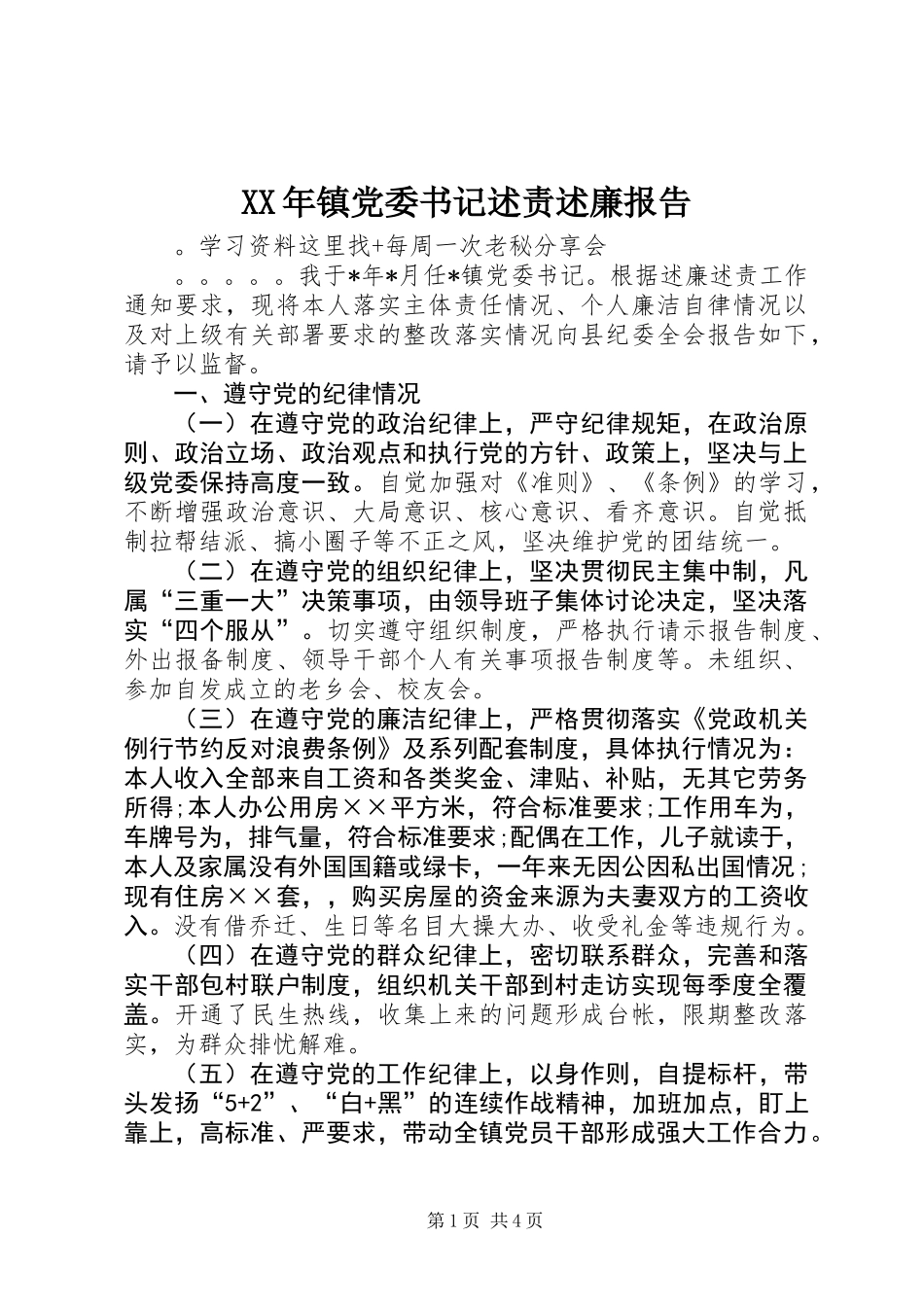 XX年镇党委书记述责述廉报告 (2)_第1页