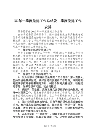 XX年一季度党建工作总结及二季度党建工作安排