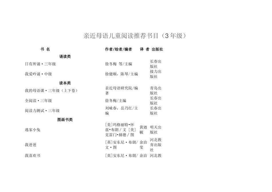 亲近母语儿童阅读推荐书目(3年级)_第1页