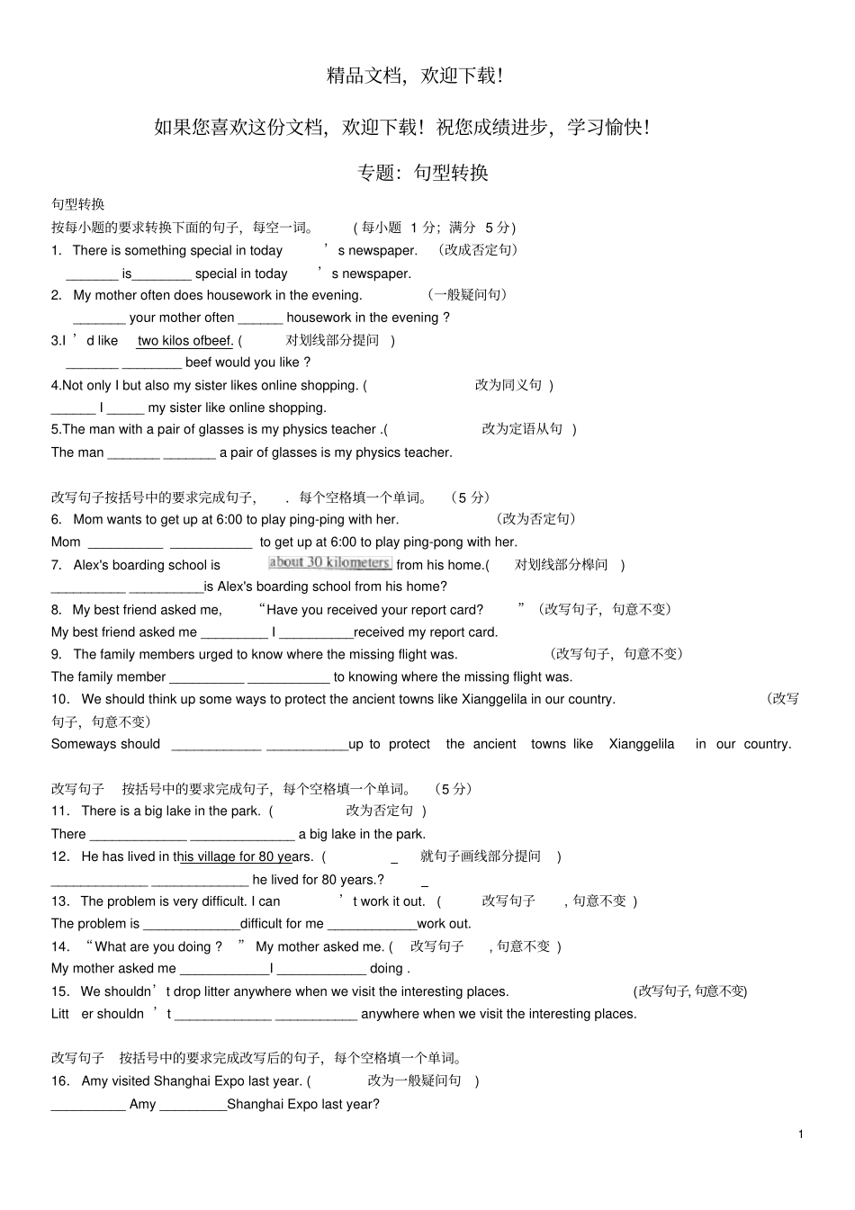 2020年中考英语总复习专题句型转换练习题基础版,含解析_第1页