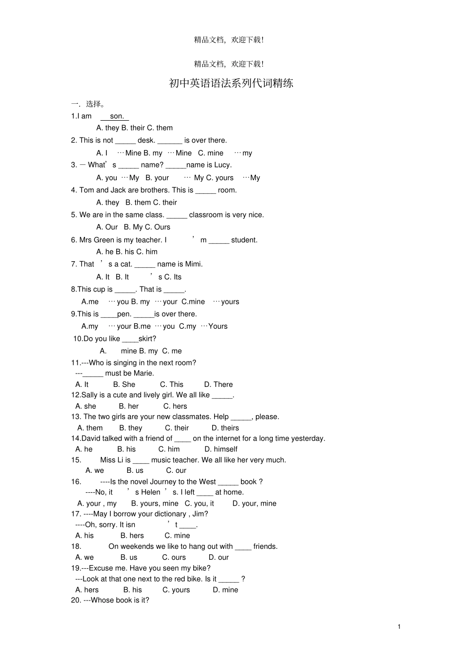 2020年中考英语语法系列名词精练_第1页